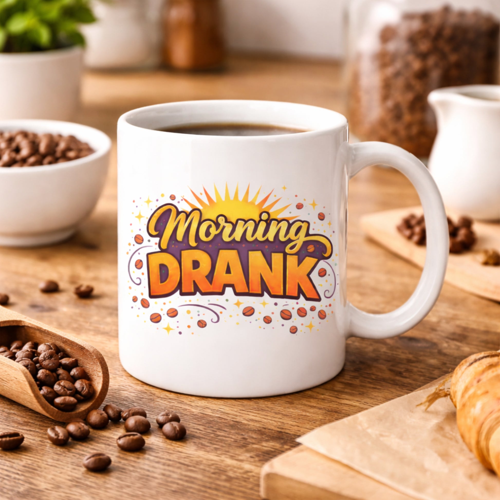 Morning Drank ceramic mug filled with coffee surrounded by coffee beans
