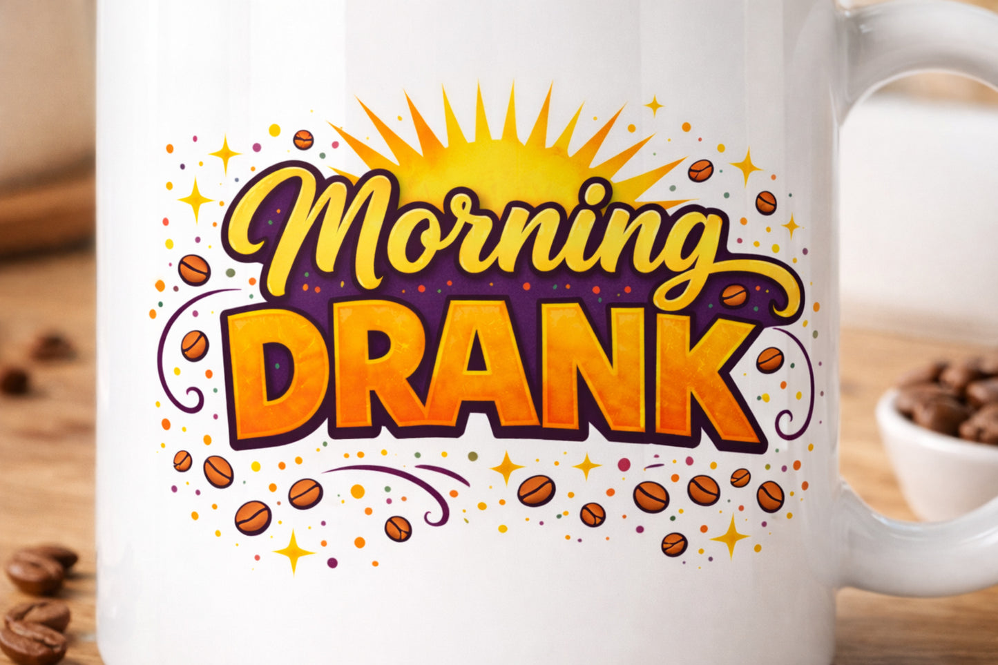 Close-up of Morning Drank typography printed on ceramic coffee mug