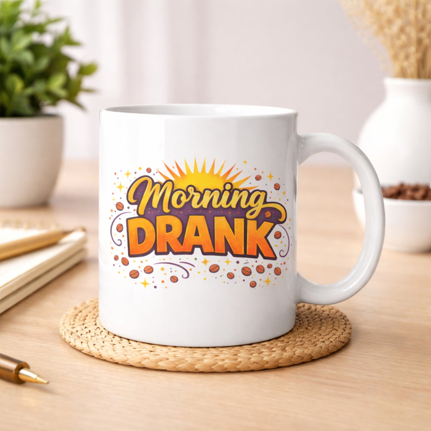 Morning Drank coffee mug on desk in clean modern workspace