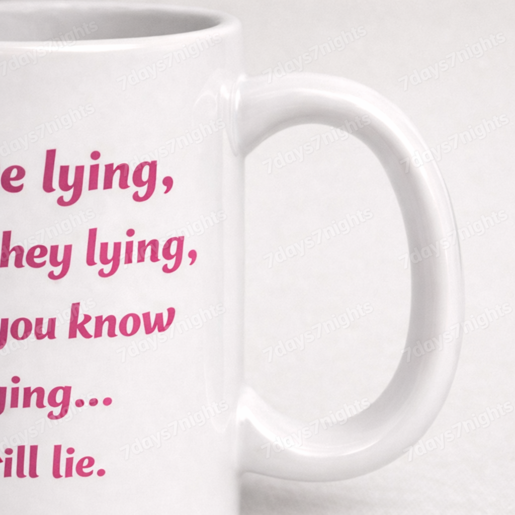 Detailed shot of ceramic mug print quality and texture.