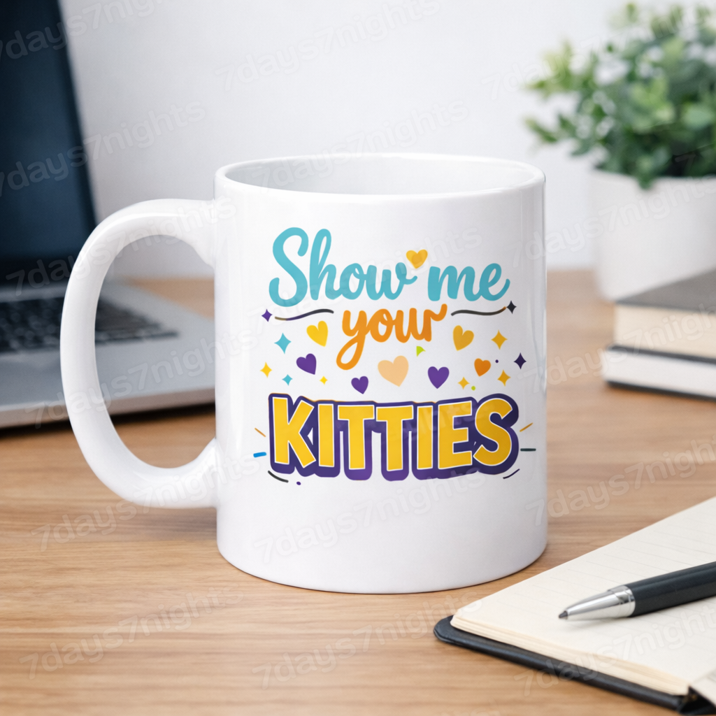 "Show Me Your Kitties" novelty mug on office desk with laptop and notebook