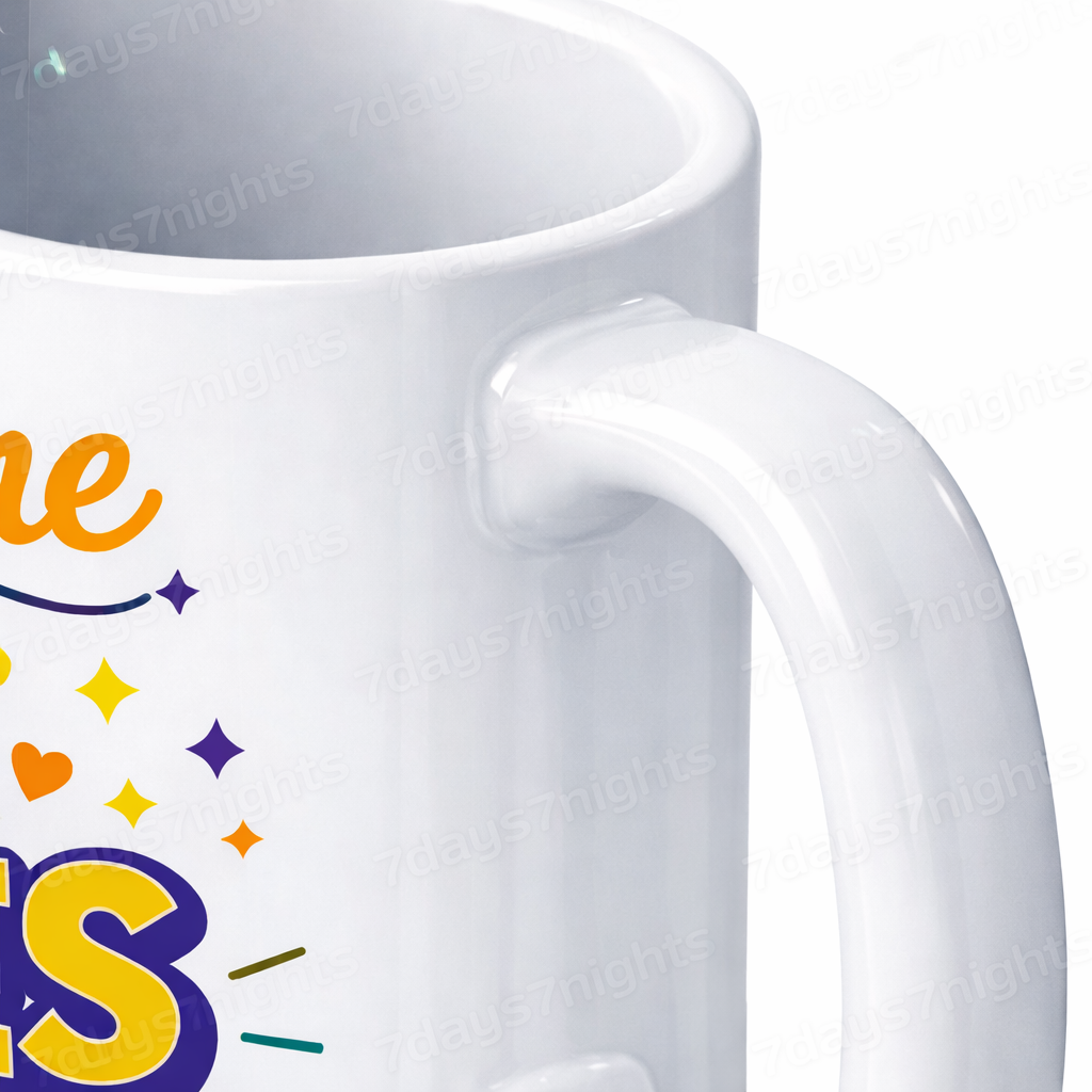 Side view of white ceramic mug showing handle and glossy finish