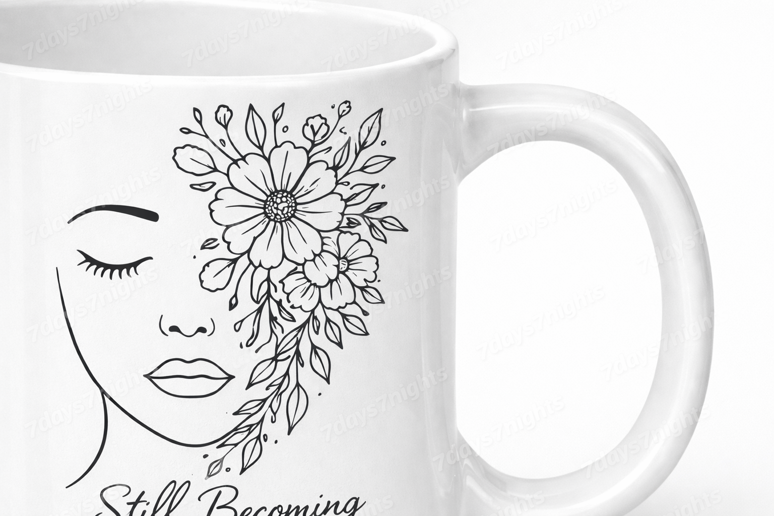 Angled view of Still Becoming mug showing handle and premium ceramic finish.