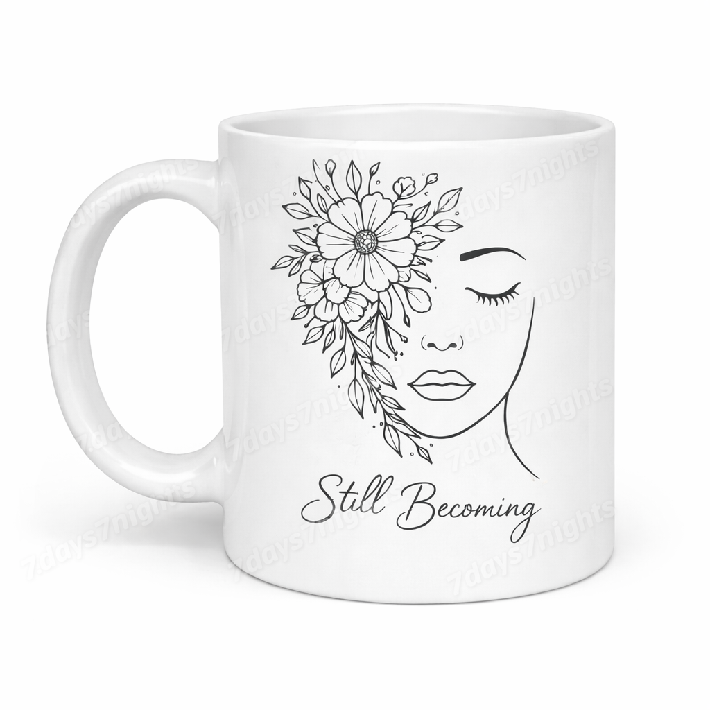 Opposite angle view of Still Becoming inspirational coffee mug.