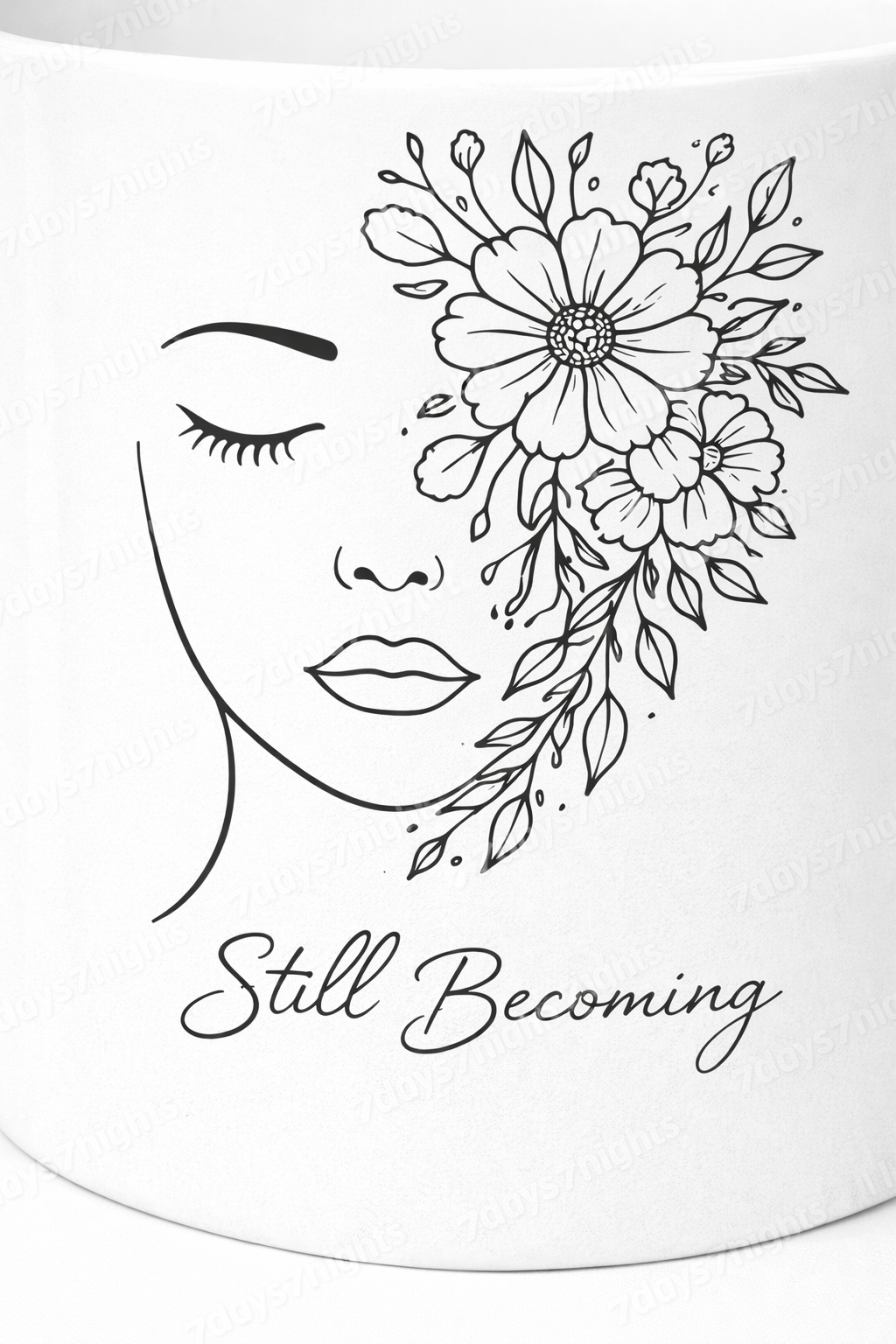 Close-up of Still Becoming floral illustration and motivational quote.