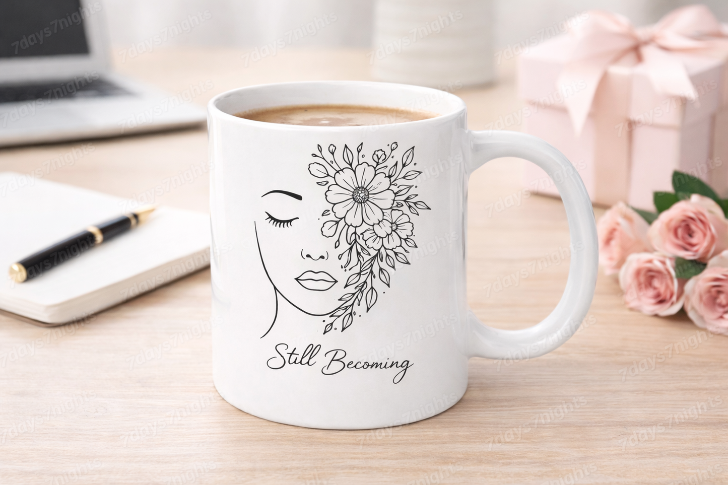 Still Becoming mug styled on desk with coffee for aesthetic lifestyle scene.