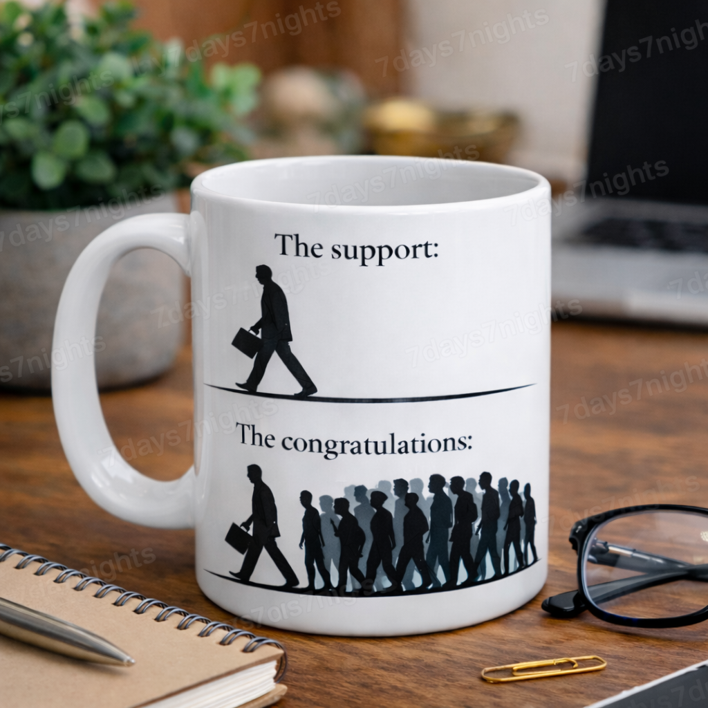 Support versus congratulations motivational mug shown from opposite side.