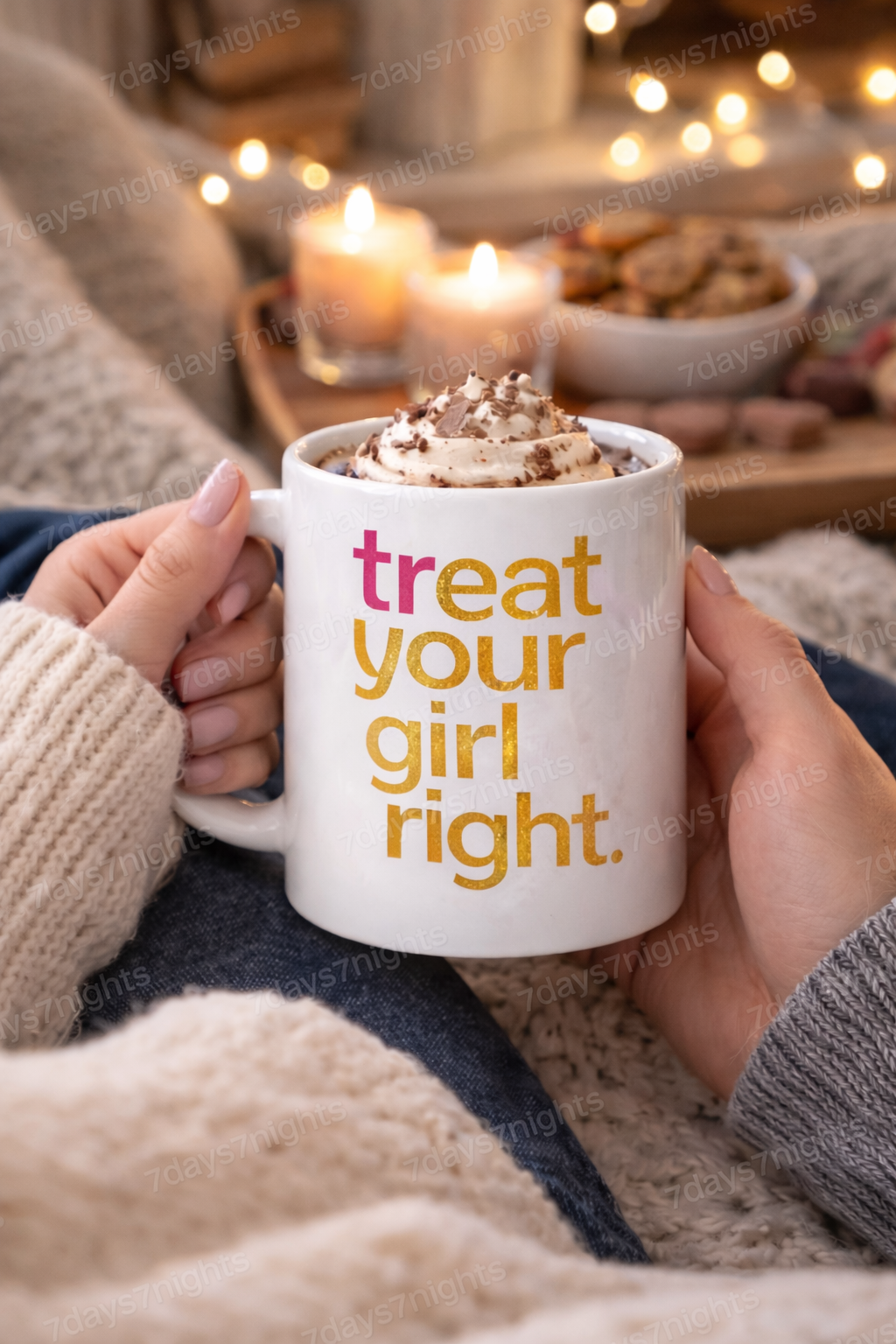 Cozy lifestyle photo of treat your girl right mug with warm lighting.