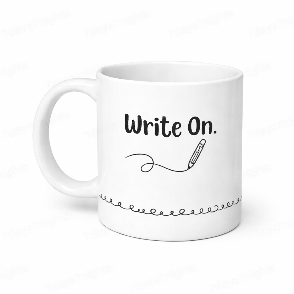 Inspirational Write On mug angled view showing handle and minimalist design.