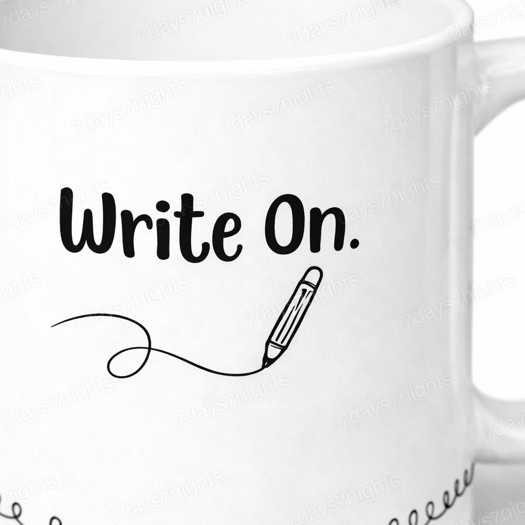 Close-up of Write On text and pen illustration on ceramic coffee mug.