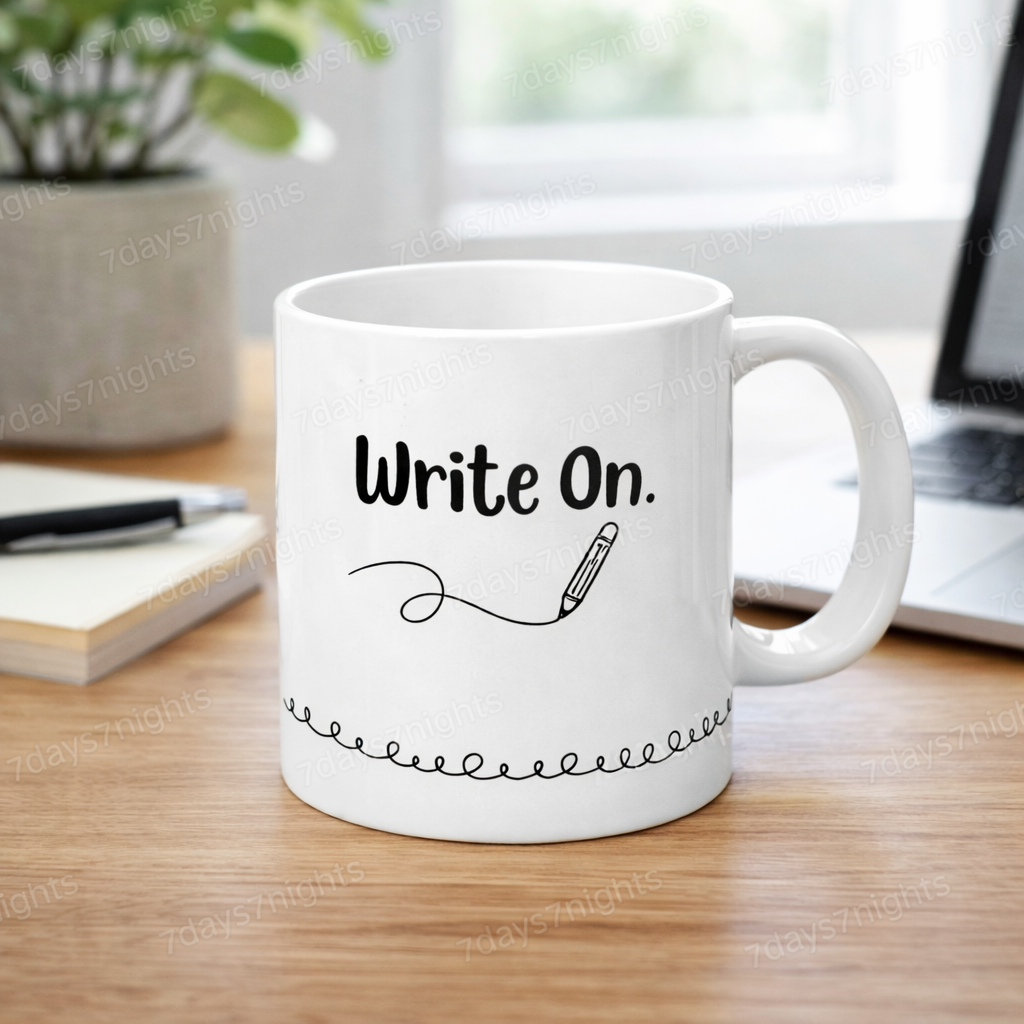 Write On coffee mug on writing desk with notebook and creative workspace.