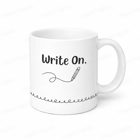 Write On minimalist writer coffee mug with pen illustration on white ceramic.